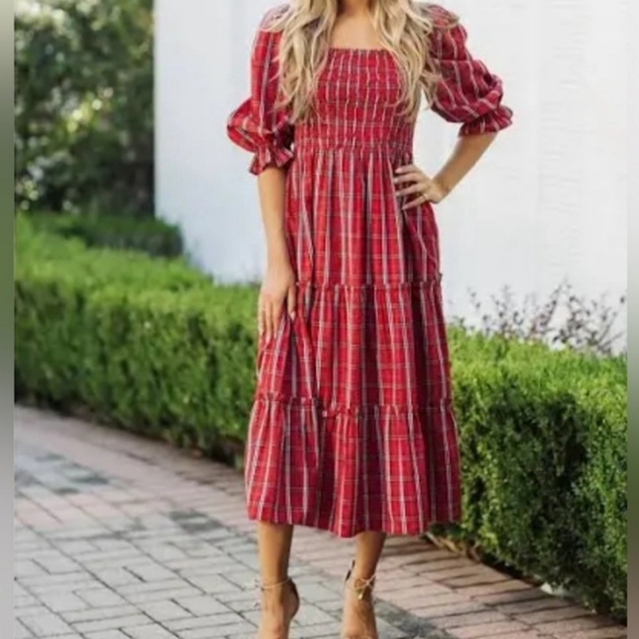 J.Marie Rayna Plaid Square Neck Ruched Puff Sleeve Midi Dress - Picture 1 of 8